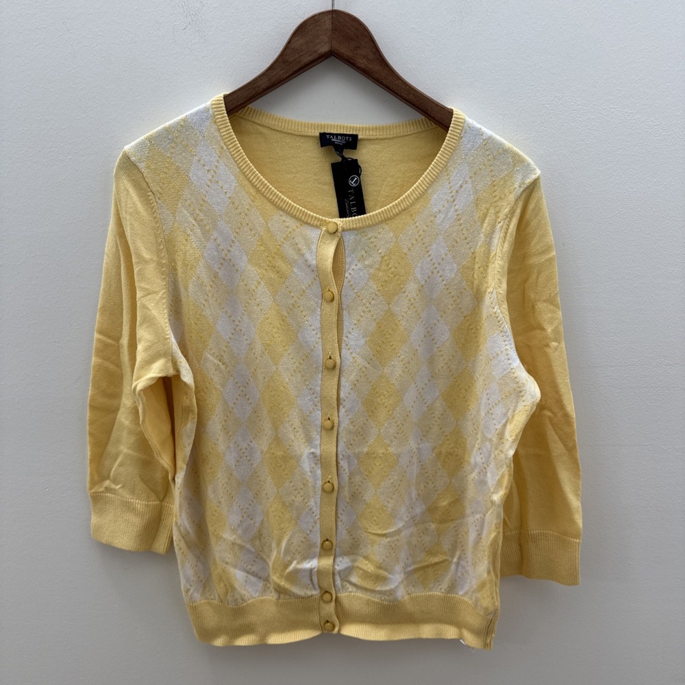 Talbots Women Argyle Cardigan Yellow Buttoned Preppy Academia Sweater Size L/P